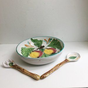 Mid Century Salad Bowl 11 1/2" + Serving Spoon & Fork Ceramic Italy 1954 Vintage